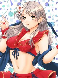 Rule 34 | 1girl, bikini, blue scarf, breasts, cleavage, collarbone, fire emblem, fire emblem: radiant dawn, fire emblem heroes, front-tie bikini top, front-tie top, gau fe, gloves, grey hair, hair ribbon, half updo, highres, long hair, medium breasts, micaiah (fire emblem), micaiah (summer) (fire emblem), navel, nintendo, official alternate costume, red bikini, red gloves, ribbon, scarf, simple background, smile, solo, swimsuit, towel, upper body, yellow eyes