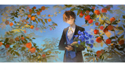 Rule 34 | 1boy, absurdres, apple, black jacket, black suit, blazer, blue flower, blue sky, blue vest, blurry, blurry background, bouquet, branch, brown hair, closed mouth, collared shirt, commentary, curtained hair, depth of field, english commentary, flower, food, formal, fruit, grey eyes, highres, holding, holding bouquet, jacket, leaf, light smile, long sleeves, looking at viewer, male focus, nayannayan, neck ribbon, original, outdoors, ribbon, shirt, short hair, sky, solo, suit, undershirt, upper body, vest, white shirt, yellow ribbon