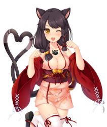 Rule 34 | 1girl, ;d, animal ears, bell, braid, breasts, cat ears, cat tail, cleavage, expressive tail, fang, floral print, hair ribbon, heart, heart tail, highres, leg ribbon, leg up, long hair, long sleeves, looking at viewer, medium breasts, multiple tails, nekomata (youkai hyakki-tan!), obi, one eye closed, open mouth, paw pose, ribbon, sandals, sash, smile, solo, tail, tattoo, thigh ribbon, thighhighs, transparent background, white thighhighs, yellow eyes, youkai hyakki-tan!