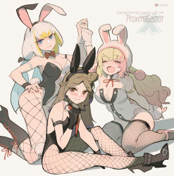 Rule 34 | 3girls, :d, animal ears, black leotard, blonde hair, blue eyes, breasts, brown eyes, brown hair, cleavage cutout, closed eyes, clothing cutout, copyright request, fang, fishnet pantyhose, fishnets, hand on own hip, highres, holding hands, large breasts, leotard, long hair, mole, mole under eye, multicolored hair, multiple girls, open mouth, pantyhose, playboy bunny, rabbit ears, red nails, sitting, smile, strapless, strapless leotard, streaked hair, tennohi, virtual youtuber, white hair, white leotard, yokozuwari