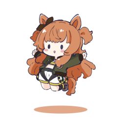 Rule 34 | 1girl, :d, animal ears, blush stickers, bow, brown footwear, brown hair, brown ribbon, chibi, colored shadow, crop top, ear ribbon, full body, green jacket, highres, horse ears, horse girl, horse tail, jacket, jumping, long sleeves, mayano top gun (umamusume), midriff, nozo (hitomiz), open clothes, open jacket, open mouth, outstretched arms, puffy long sleeves, puffy sleeves, ribbon, shadow, shirt, shoes, short shorts, shorts, simple background, smile, solid oval eyes, solo, spread arms, tail, two side up, umamusume, white background, white shorts, yellow shirt
