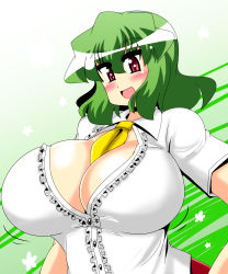 Rule 34 | 1girl, akasode (tyaramu), between breasts, breasts, cleavage, gradient background, green hair, highres, huge breasts, kazami yuuka, looking at viewer, multiple girls, necktie, necktie between breasts, open clothes, open mouth, red eyes, short hair, skirt, smile, solo, touhou
