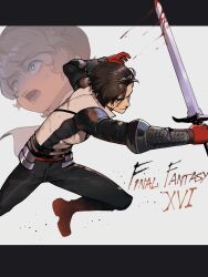Rule 34 | 2boys, armor, attack, black hair, blood, bloody weapon, blue eyes, clive rosfield, final fantasy, final fantasy xvi, gloves, highres, holding, holding sword, holding weapon, joshua rosfield, male focus, multiple boys, nyantcha, pants, red gloves, serious, short hair, square enix, sword, weapon