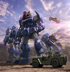 Rule 34 | 2boys, aircraft, clenched hands, cloud, commentary request, day, forest, gun, helicopter, helmet, highres, jeep, making-of available, male focus, mecha, military, military uniform, missile pod, morishita naochika, motor vehicle, multiple boys, nature, official art, outdoors, realistic, robot, sitting, sky, soltic h8rf roundfacer kolchima special, standing, taiyou no kiba dougram, tree, uniform, weapon
