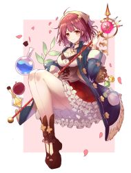 Rule 34 | 1girl, absurdres, apple, atelier (series), atelier sophie, backpack, bag, bare legs, blue coat, blush, boots, breasts, brown eyes, brown footwear, coat, collared coat, corset, cross-laced clothes, cross-laced footwear, cross-laced top, flask, food, frilled skirt, frills, fruit, full body, hair between eyes, head scarf, highres, holding, holding staff, knees up, kyounight, legs, legs together, long coat, long sleeves, looking at viewer, medium breasts, medium hair, medium skirt, open clothes, open coat, petals, red eyes, red hair, red skirt, sitting, skirt, smile, solo, sophie neuenmuller, staff, thighs, upskirt, vial, wide sleeves