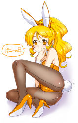 Rule 34 | 10s, 1girl, alternate costume, animal ears, arm support, armpits, ass, back-seamed legwear, bare shoulders, black pantyhose, blonde hair, blush, bow, breasts, bunny day, cleavage, closed mouth, commentary request, crotch, cure honey, detached collar, earrings, eyebrows, fake animal ears, fake tail, from side, full body, hair bow, hand up, happinesscharge precure!, high heels, high ponytail, jewelry, kazuma muramasa, knee up, legs, leotard, light smile, long hair, looking at viewer, medium breasts, motion lines, oomori yuuko, orange bow, orange eyes, orange footwear, orange leotard, pantyhose, parted bangs, playboy bunny, ponytail, precure, pun, rabbit ears, rabbit tail, seamed legwear, shadow, shoes, sidelocks, simple background, solo, speech bubble, spread legs, strapless, strapless leotard, tail, tail wagging, translated, wavy hair, white background, wrist cuffs