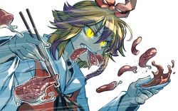 Rule 34 | 1girl, blonde hair, blouse, bow, chopsticks, eating, fangs, flower, food, food in mouth, glowing, glowing eyes, hair flower, hair ornament, long sleeves, meat, multicolored hair, plate, sauce, saucer, sharp teeth, shirt, short hair, simple background, solo, teeth, toramaru shou, touhou, white background, white shirt, wide sleeves, yellow eyes, zounose