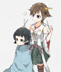 Rule 34 | 10s, 2girls, arare (kancolle), bad id, bad nicoseiga id, black hair, blue eyes, blunt bangs, brown eyes, brown hair, detached sleeves, hiei (kancolle), kantai collection, multiple girls, nontraditional miko, ooyama imo, scissors, short hair, skirt, sparkle