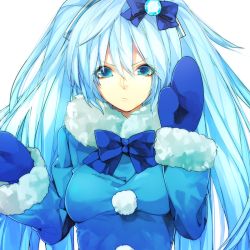 Rule 34 | 1girl, aqua eyes, asuna (i luv), bad id, bad pixiv id, blue hair, frown, hatsune miku, long hair, mittens, simple background, solo, vocaloid, white background, winter clothes, yuki miku