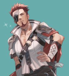 Rule 34 | 1boy, armor, badge, cape, collared shirt, eyepatch, facial hair, fire emblem, fire emblem echoes: shadows of valentia, fire emblem heroes, goatee, hand on own hip, highres, leather belt, leather strap, male focus, nintendo, official alternate costume, pectorals, red hair, saber (fire emblem), shirt, shoulder armor, solo, sword, weapon, yama0109