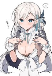 Rule 34 | 1girl, ?, blue bow, blue eyes, blush, bow, breasts, capelet, hair bow, hands up, highres, ikeuchi tanuma, large breasts, long hair, looking at viewer, original, parted lips, simple background, solo, spoken question mark, translation request, upper body, white background, white hair, wristband