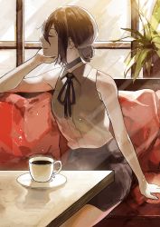 Rule 34 | 1girl, bare arms, bare shoulders, black choker, breasts, chainsaw man, choker, closed mouth, coffee, coffee cup, coffee mug, cup, disposable cup, closed eyes, hair bun, hand on own cheek, hand on own face, highres, medium breasts, meltykiss0316, miniskirt, mug, plant, reze (chainsaw man), ribbon, shirt, short hair, shorts, single hair bun, skirt, small breasts, smile, solo, white shirt