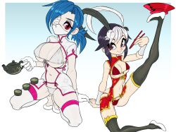 Rule 34 | + +, 2girls, absurdres, adapted costume, animal, animal on head, bird, bird on head, black hair, blue background, blue hair, breasts, chinese clothes, chopsticks, covered erect nipples, cup, eyepatch, eyeshadow, feather hair ornament, feng (skullgirls), gloves, gradient background, hair ornament, highres, large breasts, latex, latex gloves, looking at viewer, makeup, mascara, multicolored hair, multiple girls, navel, on head, panties, ponytail, red eyes, short hair, shrug (clothing), sitting, skullgirls, small breasts, smile, squatting, symbol-shaped pupils, teacup, teapot, teevo, thighhighs, thong, two-tone hair, underwear, valentine (skullgirls), white background, white hair