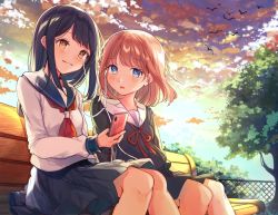 Rule 34 | 2girls, bench, bird, black hair, black skirt, blue eyes, blush, brown eyes, brown hair, cellphone, closed mouth, cloud, cloudy sky, commentary request, day, earphones, fence, grass, haruaya, highres, holding, holding phone, knees, long hair, long sleeves, looking at another, multiple girls, neck ribbon, original, outdoors, parted lips, phone, red ribbon, ribbon, sailor collar, school uniform, serafuku, shirt, sitting, skirt, sky, smartphone, smile, sunset, tree, white shirt, wooden bench, yuri