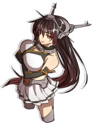 Rule 34 | 10s, 1girl, antennae, bare shoulders, breasts, brown eyes, brown hair, detached sleeves, elbow gloves, female focus, gloves, grey thighhighs, headgear, jonylaser, kantai collection, large breasts, long hair, midriff, miniskirt, nagato (kancolle), shirt, simple background, skirt, solo, thighhighs, very long hair, zettai ryouiki