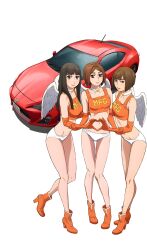 3girls angel_wings ass bikini breasts car collar crop_top elbow_gloves gloves highres kurihara_kyoko makeup medium_breasts mf_ghost motor_vehicle multiple_girls official_art panties race_queen saionji_ren sato_mami solo swimsuit toyota toyota_86 underwear vehicle white_panties wings