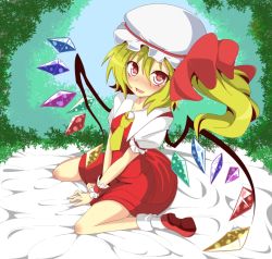Rule 34 | 1girl, ascot, between legs, blonde hair, blush, bobby socks, female focus, flandre scarlet, hand between legs, hat, hat ribbon, i b b e, looking at viewer, open mouth, red eyes, ribbon, short sleeves, side ponytail, sitting, skirt, skirt set, smile, socks, solo, touhou, v arms, wariza, wings, wrist cuffs