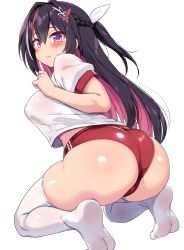 Rule 34 | 1girl, ass, black hair, braid, breasts, buruma, closed mouth, colored inner hair, commentary request, double vertical stripe, gym shirt, hair between eyes, hair ornament, hair ribbon, highres, kneeling, large breasts, long hair, looking at viewer, multicolored hair, original, red buruma, red hair, ribbon, sakanaya (sakanaya952), shirt, simple background, solo, streaked hair, tented shirt, thighhighs, thighs, two-tone hair, white background, white shirt, white thighhighs