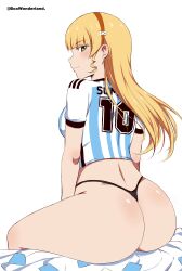 Rule 34 | 1girl, absurdres, alternate costume, argentina, ass, black panties, blonde hair, blush, box wonderland, breasts, closed mouth, drill hair, drill sidelocks, from behind, green eyes, hairband, heanna sumire, highres, huge ass, large breasts, long hair, looking at viewer, looking back, love live!, love live! superstar!!, panties, profile, shiny skin, sidelocks, simple background, sitting, smile, soccer uniform, sportswear, thighs, thong, twitter username, underwear, white background