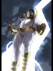 Rule 34 | 1boy, blank eyes, bodysuit, bolt (dc), boots, dark-skinned male, dark skin, dc comics, gold belt, gold footwear, gold trim, grey sky, highres, jacket, lightning, malik white, open clothes, open jacket, outdoors, sky, solo, superhero costume, taurin clarke, white bodysuit, white jacket