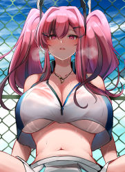 Rule 34 | 10eki (tenchou), 1girl, absurdres, alternate costume, azur lane, bare shoulders, blush, bra, breasts, bremerton (azur lane), bremerton (scorching-hot training) (azur lane), chain-link fence, cleavage, cloud, cloudy sky, collarbone, commentary request, crop top, day, fence, hair between eyes, hair ornament, hairclip, headgear, heart, heart necklace, heavy breathing, highres, huge breasts, jewelry, large breasts, long hair, looking at viewer, midriff, mole, mole under eye, multicolored hair, navel, necklace, open mouth, outdoors, pink eyes, pink hair, see-through, sidelocks, skirt, sky, solo, spread legs, streaked hair, sweat, teeth, twintails, underboob, underwear, upper teeth only, wet, wet clothes, white bra, white skirt, x hair ornament