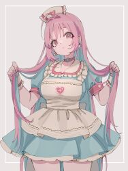 Rule 34 | 1girl, ahoge, alternate hair length, alternate hairstyle, apron, aqua dress, aqua hair, border, breasts, choker, closed mouth, collar, colored inner hair, commentary, dress, earrings, expressionless, frilled collar, frilled headwear, frills, grey background, hair intakes, hat, heart, heart print, highres, holding, holding own hair, idolmaster, idolmaster cinderella girls, idolmaster cinderella girls starlight stage, jewelry, large breasts, long hair, looking at viewer, multicolored hair, nurse cap, pill earrings, pink armband, pink choker, pink eyes, pink hair, raised eyebrows, short sleeves, solo, sparkle print, sukoyaka (100hituzi), symbol-only commentary, two-tone hair, underbust, very long hair, white apron, white border, white hat, white wrist cuffs, wrist cuffs, yumemi riamu