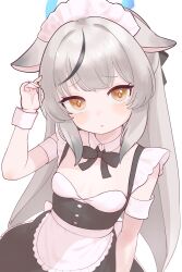 Rule 34 | 1girl, absurdres, animal ears, apron, arm at side, arm up, armband, black bow, black bowtie, blue archive, bow, bowtie, breasts, buttons, collar, cowboy shot, detached collar, dress, ears down, frilled apron, frills, furrowed brow, grey hair, halo, hand in own hair, head tilt, highres, kokona (blue archive), lk149, long hair, looking at viewer, maid, maid headdress, multicolored hair, parted lips, shy, sidelocks, simple background, sleeveless, sleeveless dress, small breasts, solo, straight hair, streaked hair, swept bangs, two-tone dress, white apron, white background, white collar, white wrist cuffs, wrist cuffs, yellow eyes