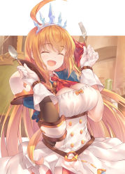 Rule 34 | 1girl, ^ ^, ahoge, armor, ascot, belt, blue sleeves, blush, braid, breasts, buttons, cleavage, closed eyes, dress, fork, gloves, hair between eyes, hair ribbon, hands up, highres, large breasts, long hair, misoroku (555), open mouth, orange hair, pauldrons, pecorine (princess connect!), princess connect!, puffy short sleeves, puffy sleeves, red ascot, red ribbon, ribbon, short sleeves, shoulder armor, side braid, single pauldron, smile, solo, spoon, tiara, white dress, white gloves