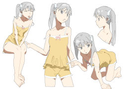 Rule 34 | 1girl, bare arms, bare legs, bare shoulders, barefoot, between legs, camisole, closed eyes, collarbone, expressionless, fang, from side, grey eyes, grey hair, hair ornament, hair ribbon, hairclip, hand between legs, highres, ichisannyonn, looking at viewer, looking back, monogatari (series), multiple views, oikura sodachi, open mouth, owarimonogatari, pajamas, pointing, pointing at another, raised eyebrows, ribbon, sitting, sleeveless, solo, strap slip, tongue, tongue out, twintails, yellow camisole, yellow pajamas
