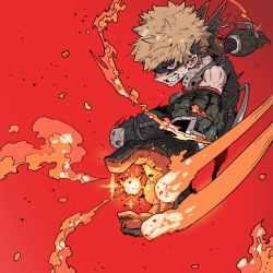 Rule 34 | 1boy, absurdres, attack, bakugou katsuki, black mask, black pants, black shirt, blouse, boku no hero academia, clenched teeth, explosion, explosive, eye mask, foreshortening, full body, grenade, han gong, highres, knee pads, korean commentary, light brown hair, midair, pants, red background, red eyes, saliva, saliva trail, shirt, short hair, simple background, sleeveless, sleeveless shirt, solo, spiked hair, teeth, toned, toned male, very short hair, wrist cuffs