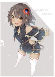 Rule 34 | 1girl, black dress, brown hair, clothing cutout, collared dress, commentary, dress, grey background, hair ornament, highres, leaning forward, long sleeves, looking at viewer, medium hair, open mouth, original, short dress, shoulder cutout, side cutout, single horizontal stripe, smile, solo, standing, stella (warashi), thighhighs, warashi, white thighhighs, yellow eyes