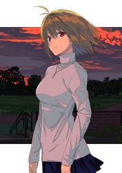 Rule 34 | 1girl, absurdres, antenna hair, arcueid brunestud, arms at sides, blonde hair, blue skirt, border, breasts, closed mouth, cowboy shot, highres, jewelry, long sleeves, looking afar, medium breasts, miniskirt, outdoors, pendant, red eyes, running track, short hair, skirt, smile, solo, standing, sunset, sweater, tree, tsukihime, tsukihime (remake), turtleneck, turtleneck sweater, twilight, white sweater, xtango