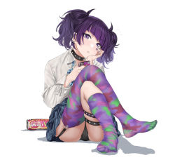 Rule 34 | 1girl, asymmetrical legwear, barbell piercing, blunt bangs, bow, bowtie, cellphone, choker, collared shirt, crossed legs, diagonal bangs, ear piercing, earrings, energy drink, garter straps, hamedoragon, hand on own chin, holding, holding phone, idolmaster, idolmaster shiny colors, industrial piercing, jewelry, lipstick, looking at viewer, loose bowtie, makeup, medium hair, mismatched legwear, multiple earrings, nail polish, no shoes, panties, phone, piercing, purple eyes, purple hair, purple lips, purple nails, shirt, simple background, single garter strap, sitting, skindentation, sleeves rolled up, solo, studded choker, tanaka mamimi, thigh strap, thighhighs, twintails, underwear, upskirt, white background