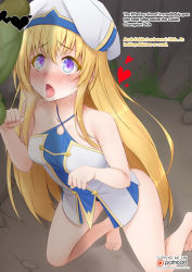 Rule 34 | 10s, 1girl, bare arms, bare legs, bare shoulders, barefoot, blonde hair, blue eyes, blush, breasts, censored, dress, dungeon, english text, goblin, goblin male, goblin slayer!, hair between eyes, happy, hat, heart, heart censor, highres, hypnosis, kneeling, long hair, looking up, mind control, multicolored clothes, multicolored dress, multicolored headwear, on ground, open mouth, oral invitation, patreon logo, patreon username, penis, priestess (goblin slayer!), small breasts, solo focus, tongue, tongue out, vahn yourdoom