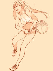 Rule 34 | 1girl, :d, bikini, breasts, cleavage, full body, halterneck, highres, ino (magloid), kousaka rino, large breasts, long hair, monochrome, navel, open mouth, otome function, racket, shoes, side-tie bikini bottom, smile, sneakers, solo, standing, standing on one leg, string bikini, sweat, swimsuit, tennis racket, twintails
