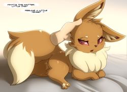 Rule 34 | 1girl, absurdres, animal ears, animal hands, bed sheet, beige background, blush, cleft of venus, colored sclera, creatures (company), disembodied limb, drooling, eevee, english text, eto ya, feet, female focus, full body, furry, furry female, game freak, gen 1 pokemon, half-closed eyes, hand on another&#039;s head, highres, looking to the side, lying, nintendo, on bed, on stomach, open mouth, pokemon, pokemon (creature), pokemon rgby, pussy, pussy juice, red eyes, red sclera, saliva, simple background, solo, speech bubble, spread legs, tail, talking, text focus, uncensored