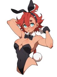 Rule 34 | 1girl, animal ears, armpits, bare shoulders, blue eyes, blush, bow, bowtie, breasts, cleavage, covered navel, cropped legs, dark skin, detached collar, earrings, fake animal ears, gloves, gundam, gundam suisei no majo, hanenosaki, jewelry, large breasts, leotard, looking at viewer, medium breasts, mole, mole on breast, open mouth, playboy bunny, rabbit ears, rabbit tail, red hair, short hair, simple background, solo, suletta mercury, tail, thick eyebrows, white background, white gloves