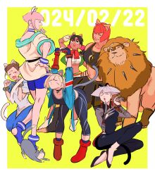 Rule 34 | 6+girls, a.k.i. (street fighter), absurdres, animal ears, arms up, blonde hair, brown hair, cammy white, capcom, cat, cat day, cat ears, cat tail, caxqov, chinese clothes, chun-li, fake animal ears, fake tail, grey hair, highres, lily hawk, lion, manon legrand, marisa (street fighter), multiple girls, official alternate costume, paw pose, pink hair, red hair, sitting, street fighter, street fighter 6, stretching, tail