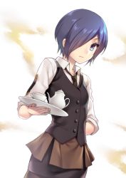 Rule 34 | 10s, 1girl, black necktie, black pantyhose, black skirt, black vest, blue eyes, blue hair, breasts, brown skirt, buttons, closed mouth, collared shirt, cup, dress shirt, expressionless, fuya (tempupupu), hair over one eye, hand on own hip, holding, holding tray, kirishima touka, layered skirt, long sleeves, matching hair/eyes, necktie, pantyhose, pencil skirt, shirt, short hair, simple background, skirt, small breasts, solo, teacup, teapot, tokyo ghoul, tray, vest, waitress, white background, white shirt