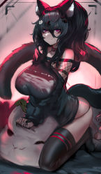 Rule 34 | 1girl, :t, animal ear fluff, animal ears, bare shoulders, black hair, black panties, black shirt, black thighhighs, breasts, bridal gauntlets, cat ears, cat girl, cat hair ornament, cat tail, collar, collarbone, commentary, ehrrr, english commentary, eyeshadow, fishnets, goth fashion, hair between eyes, hair ornament, hairclip, highres, huge breasts, jewelry, long hair, long sleeves, looking at viewer, makeup, no pants, no shoes, off-shoulder shirt, off shoulder, original, panties, ponytail, pout, purple eyes, red collar, ring, shirt, sidelocks, solo, straddling, tail, thighhighs, thighs, underwear, x hair ornament