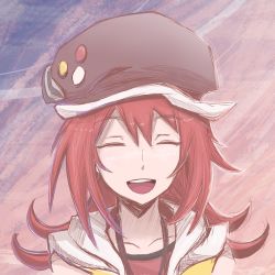 Rule 34 | 1girl, cabbie hat, close-up, collarbone, eyebrows, closed eyes, facing viewer, female focus, hat, highres, jacket, jewelry, medium hair, misaki shiki, necklace, open mouth, portrait, red hair, red shirt, shirt, sleeveless, sleeveless jacket, smile, solo, subarashiki kono sekai, teeth, yellow jacket