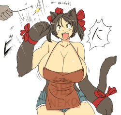 Rule 34 | 1girl, animal ears, animal hands, black hair, breasts, cat ears, cat paws, cat tail, denim, hataraki ari, huge breasts, lowres, motion lines, no bra, original, short shorts, shorts, simple background, solo, sukimi, tail, white background, yellow eyes