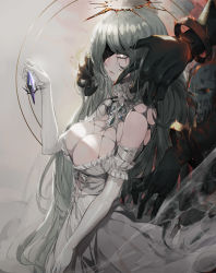 Rule 34 | 1girl, 1other, absurdres, bamuth, bare shoulders, bracelet, breasts, bright pupils, cleavage, crying, crying with eyes open, dress, elbow gloves, fingernails, gem, gloves, grey eyes, grey hair, halo, hand up, highres, holding, holding gem, holding hair, jewelry, large breasts, long hair, one eye covered, original, parted lips, patreon logo, patreon username, revision, sharp fingernails, skull, tears, white dress, white gloves, white pupils