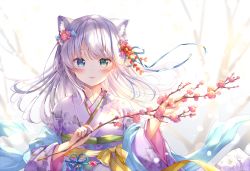 Rule 34 | 1girl, absurdres, animal ear fluff, animal ears, backlighting, blue bow, blue eyes, blue ribbon, blue shawl, blurry, blurry background, blush, bow, branch, cat ears, cat girl, collarbone, extra ears, floral print, flower, flower knot, green eyes, hair bow, hair flower, hair ornament, hair ribbon, heterochromia, highres, holding, holding branch, japanese clothes, jewelry, kimono, long hair, long sleeves, looking at viewer, open mouth, original, outdoors, parted lips, ribbon, sakura moyon, shawl, silver hair, smile, solo, tassel, tree, upper body, wide sleeves