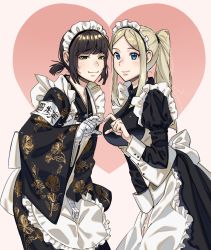 Rule 34 | 2girls, aa2mee, absurdres, apron, bandaged arm, bandages, black hair, blonde hair, blue eyes, commission, commissioner upload, green eyes, heart, heart hands, heart hands duo, highres, japanese clothes, kimono, maid, maid headdress, mixed maids, mole, mole under eye, multiple girls, original, ponytail, smile, wa maid