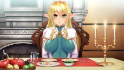 Rule 34 | 1girl, almia agraliel, apple, banana, blonde hair, blush, breasts, breasts apart, candle, cape, chair, crown, elf, fire, fireplace, food, fork, fruit, game cg, green eyes, huracan, indoors, kyonyuu elf oyako saimin, large breasts, long hair, looking at viewer, lune (company), original, parted lips, pointy ears, princess, salad, sitting, solo, table, upper body