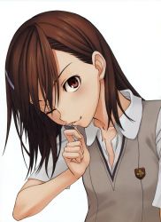 Rule 34 | absurdres, brown eyes, brown hair, close-up, coin, crest, fuyukawa motoi, hair ornament, hairclip, highres, misaka mikoto, official art, one eye closed, open mouth, scan, school uniform, short hair, simple background, solo, toaru majutsu no index, uniform, white background, wink