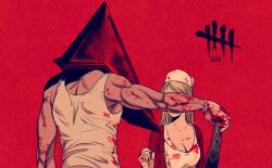 Rule 34 | 1boy, 1girl, blonde hair, blood, breasts, cleavage, covered face, dress, facing away, hat, holding, holding weapon, jacket, lisa garland, medium breasts, muscular, muscular male, nurse cap, pyramid head, red background, red theme, shokugyo, silent hill (series), tally, tank top, weapon