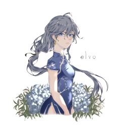 Rule 34 | 1girl, absurdres, alternate costume, artist name, blue dress, blue eyes, blue flower, blue hair, china dress, chinese clothes, closed mouth, dress, earrings, elvo-.- (ugo62847033), flower, fu hua, grey hair, hair between eyes, highres, honkai (series), honkai impact 3rd, jewelry, leaf, long hair, looking at viewer, low-tied long hair, low ponytail, ponytail, side slit, simple background, sleeveless, solo, white background