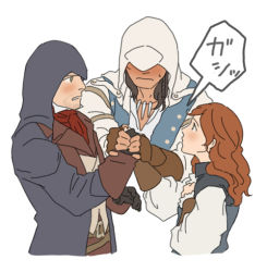 Rule 34 | 1girl, 2boys, akira (graphicaldead), arno dorian, assassin&#039;s creed, assassin&#039;s creed: unity, assassin&#039;s creed (series), assassin&#039;s creed iii, bad id, bad pixiv id, blush, brown eyes, brown hair, connor kenway, elise de la serre, gloves, holding hands, hood, long hair, multiple boys, simple background, white background
